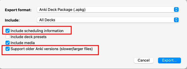 Screenshot of Anki export options