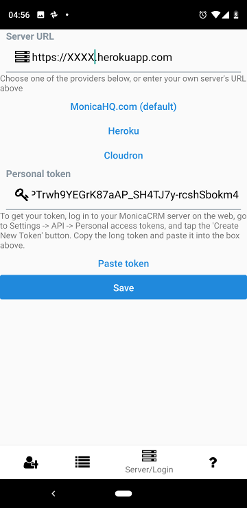 Mobile screenshot showing input fields for server URL and token